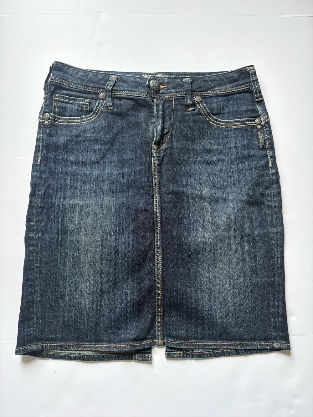 Silver Jeans Co. Emma Dark Wash Denim Mini Skirt Y2K Contrast Stitching, Sz 27